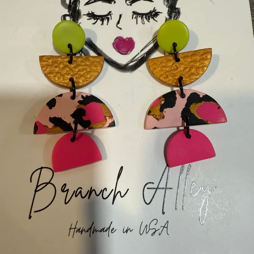 Branch Alley Pink Abstract Animal Print Handmade Dangle Earrings NWT